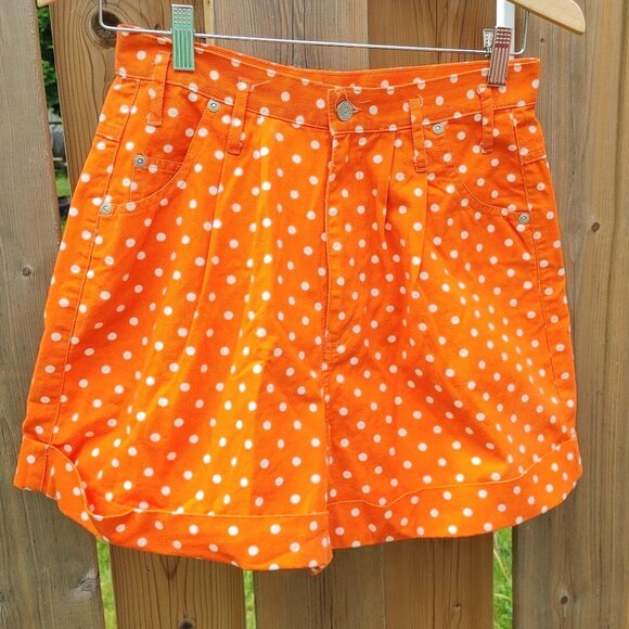 Vintage Polka Dot Dungaree Shorts Women's Size 26 Orange Polka Dot SUMME… - Picture 1 of 5